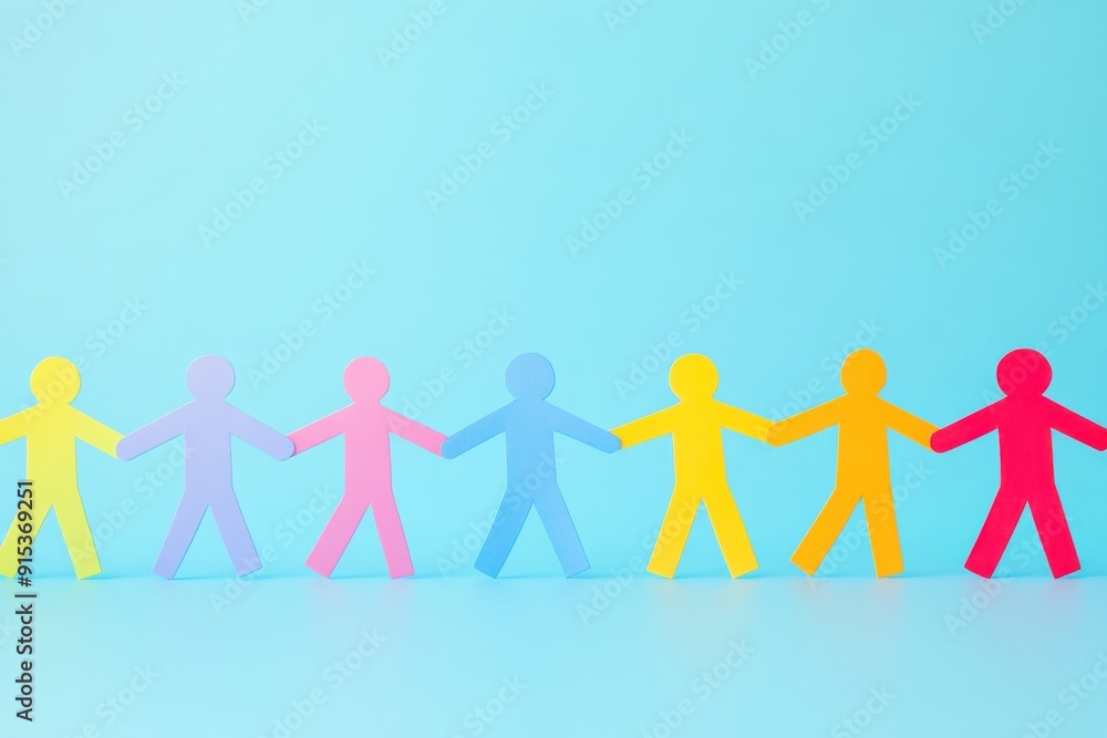 Brightly colored paper figures stand hand in hand, celebrating togetherness and harmony in a vibrant and cheerful arrangement Brightly colored paper figures stand hand in hand, celebrating togetherness and harmony in a vibrant and cheerful arrangement