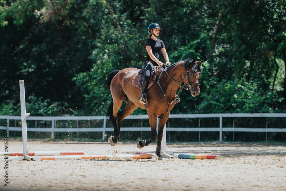 Woman riding a horse during an outdoor equestrian training session on a sunny day. Demonstrates skillful horsemanship and passion for horseback riding. Woman riding a horse during an outdoor equestrian training session on a sunny day. Demonstrates skillful horsemanship and passion for horseback riding.