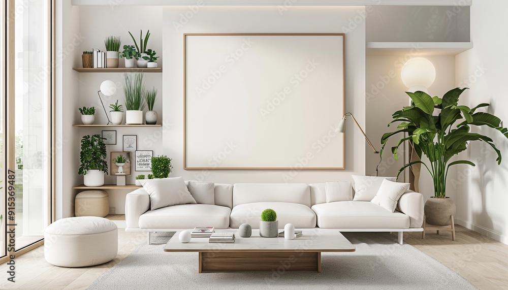 Modern Living Room with Minimalist Design, Large Blank Canvas, Plants, Shelves, Lamps, Mockup Modern Living Room with Minimalist Design, Large Blank Canvas, Plants, Shelves, Lamps, Mockup