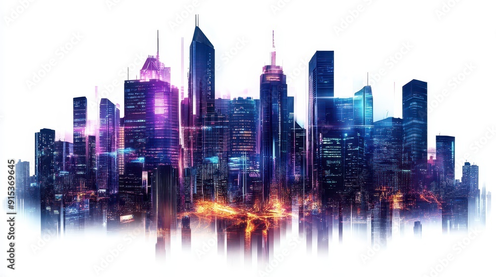 Obraz premium Futuristic city skyline illuminated at night with vibrant skyscrapers and glowing lights