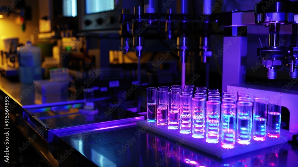 A UV-Vis spectrometer setup for measuring the concentration of protein samples, with cuvettes aligned for analysis A UV-Vis spectrometer setup for measuring the concentration of protein samples, with cuvettes aligned for analysis