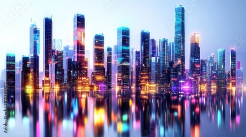 Futuristic city skyline illuminated by neon lights at night