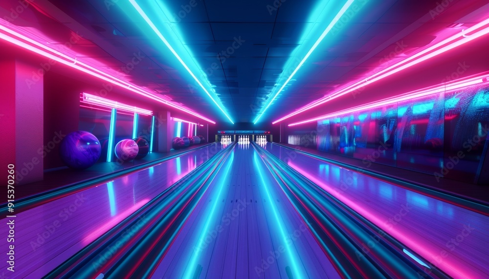 Futuristic Neon-Lit Bowling Alley with Vibrant Colors and Modern Design Elements Futuristic Neon-Lit Bowling Alley with Vibrant Colors and Modern Design Elements