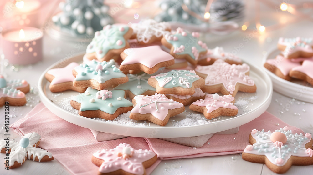 pink & green christmas ginger cookies decoration on the table; copy space; pink & green christmas ginger cookies decoration on the table; copy space;