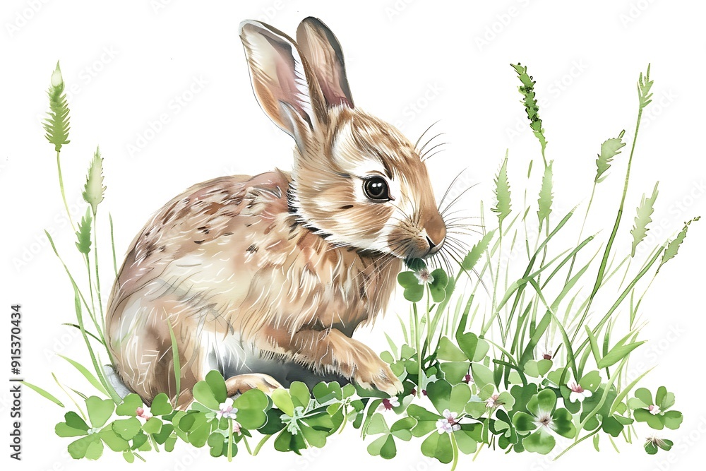 Watercolor Illustration of a Cute Rabbit Eating Clover in a Field. Watercolor Illustration of a Cute Rabbit Eating Clover in a Field.