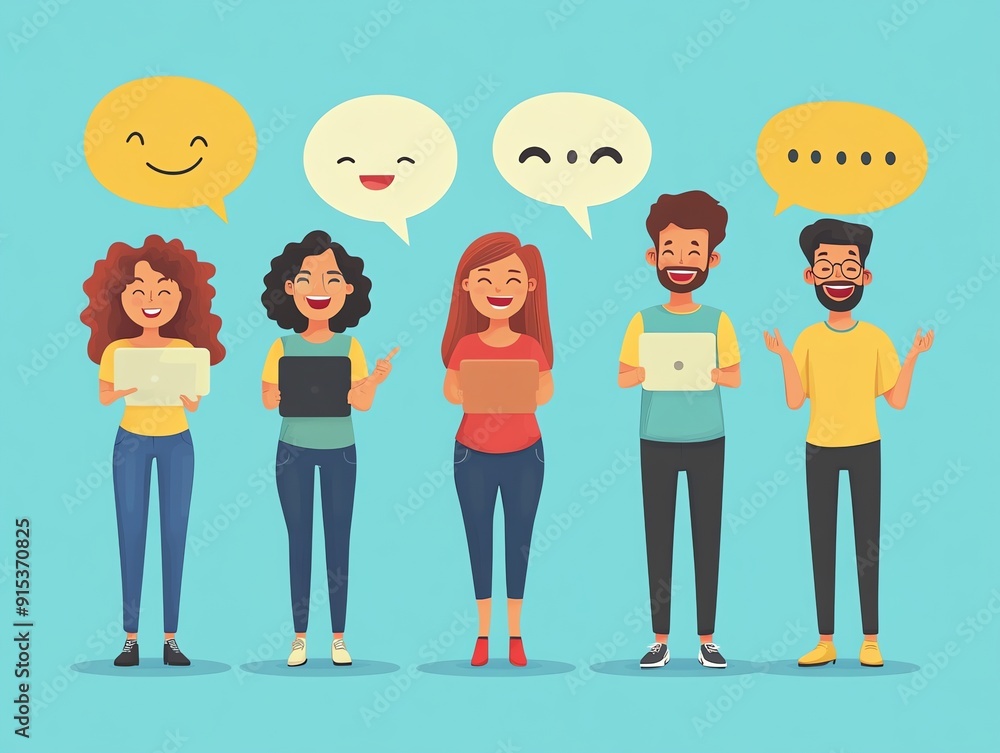 Fototapeta premium Happy group of people with speech bubbles and tablets.