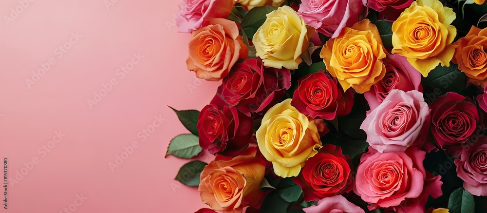 A collection of vibrant roses A stunning bouquet of roses in different colors set against a dusty pink background with copyspace in banner size A collection of vibrant roses A stunning bouquet of roses in different colors set against a dusty pink background with copyspace in banner size