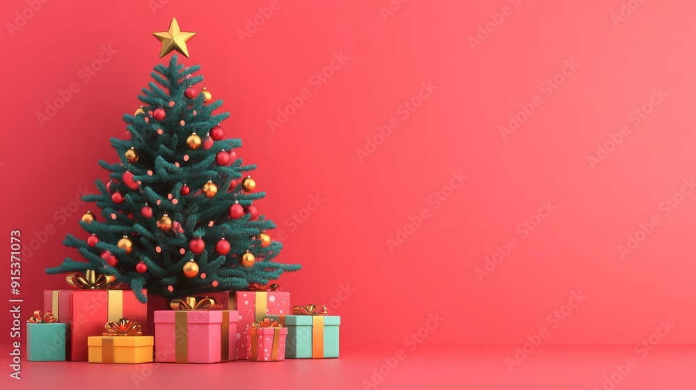 3D Christmas tree with brightly wrapped gifts underneath, capturing the festive spirit in a modern, stylized way. 3D Christmas tree with brightly wrapped gifts underneath, capturing the festive spirit in a modern, stylized way.