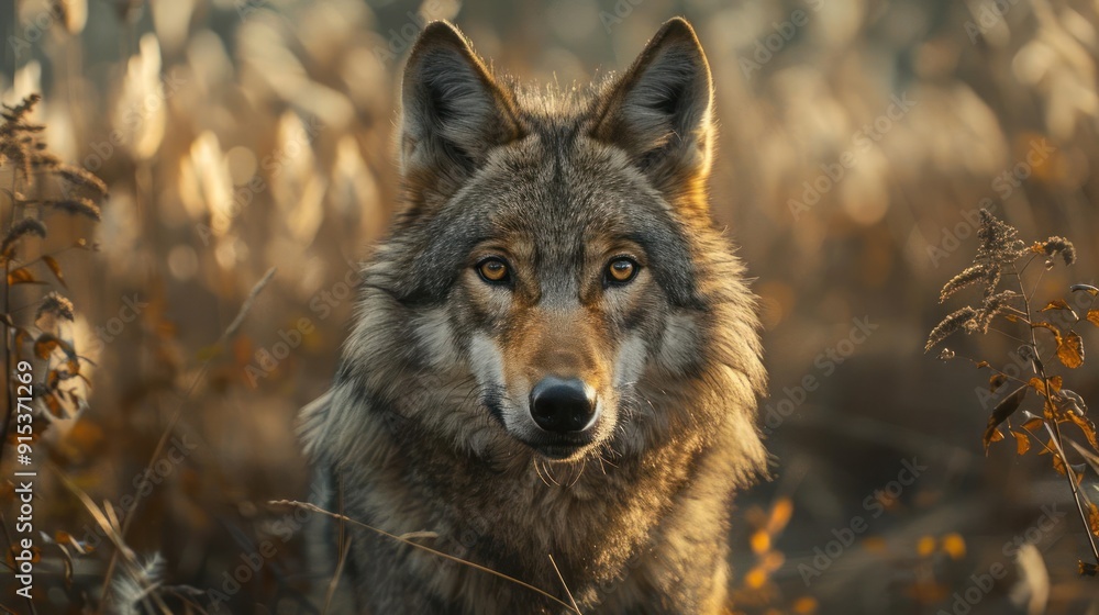 Fototapeta premium A wolf looking directly at the camera, its eyes are sharp and focused.