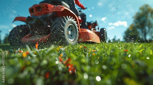 A close-up of a riding lawnmower in action on a vast green lawn, the rider focused on mowing, clear blue sky, sunny weather, detailed textures, hd quality, realistic lighting, soft focus,