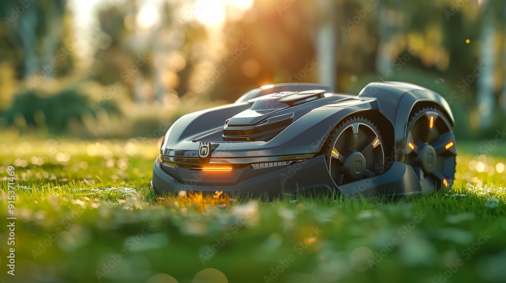 A close-up of a robotic lawnmower on a perfectly trimmed lawn, showcasing its advanced technology and sleek design, green grass, clear blue sky, modern and clean environment, hd quality, A close-up of a robotic lawnmower on a perfectly trimmed lawn, showcasing its advanced technology and sleek design, green grass, clear blue sky, modern and clean environment, hd quality,