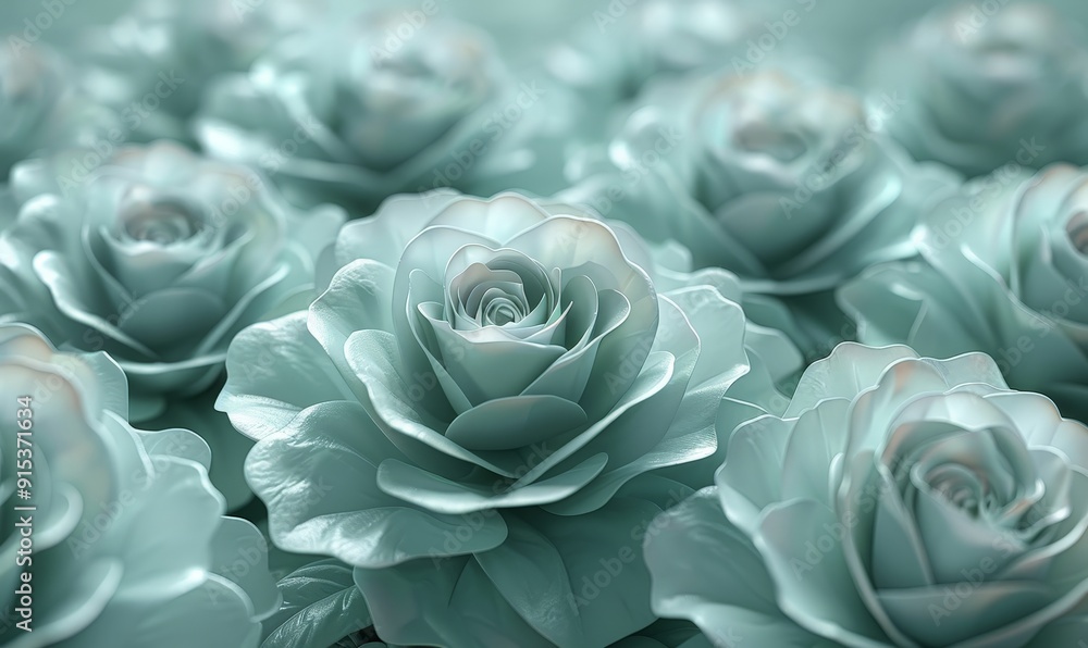 An elegant assortment of 3D abstract roses in Pastel Green monochrome, bordered neatly with ample copy space for a clean background An elegant assortment of 3D abstract roses in Pastel Green monochrome, bordered neatly with ample copy space for a clean background