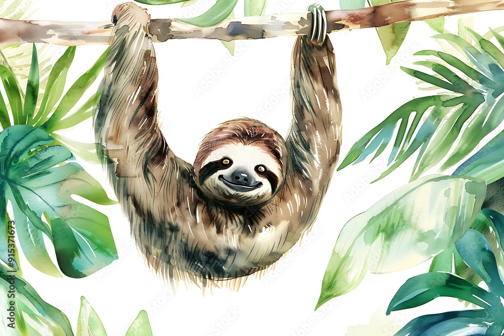 Watercolor Sloth Hanging From Branch in Tropical Jungle Watercolor Sloth Hanging From Branch in Tropical Jungle