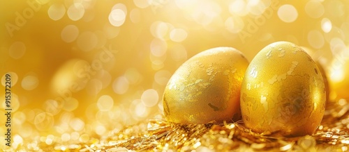 Golden eggs with coins set against a yellow background. with copy space image. Place for adding text or design