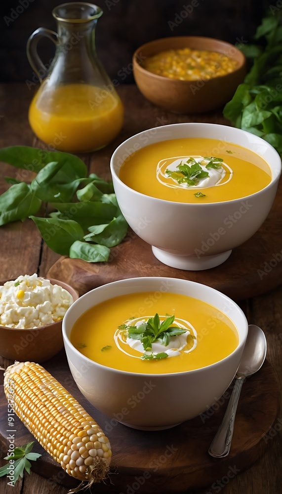 Delicious creamy corn soup served on table Delicious creamy corn soup served on table