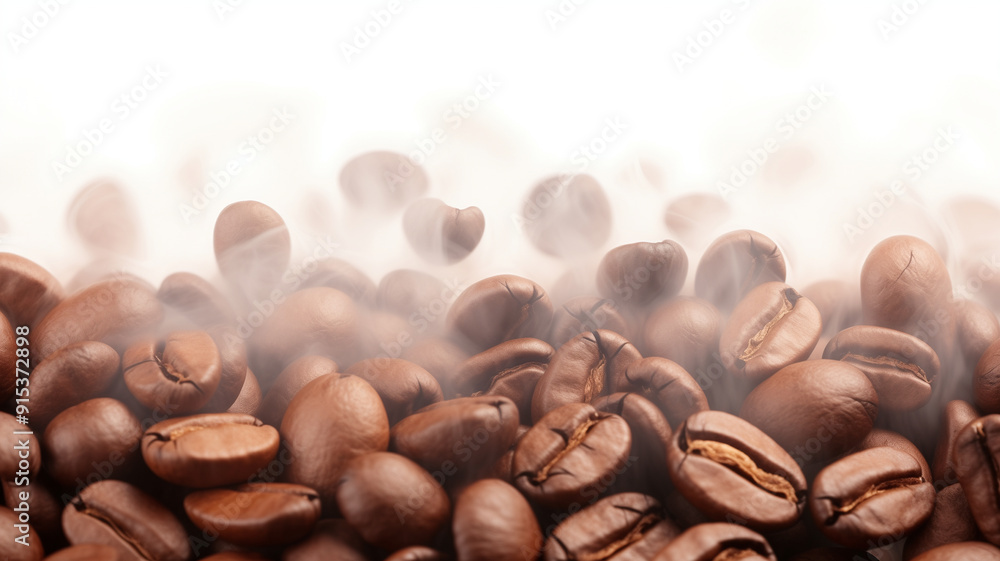 Obraz premium Close-up of coffee beans and blurry steam patterns rising on white background