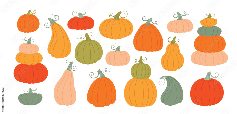 Pumpkins set. Harvest festival. Big collection of various pumpkins. Flat style illustration of vegetables isolated on white background. Pumpkins set. Harvest festival. Big collection of various pumpkins. Flat style illustration of vegetables isolated on white background.