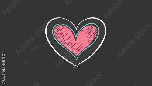 Pink Heart with Blue Outline on Black Chalkboard Background