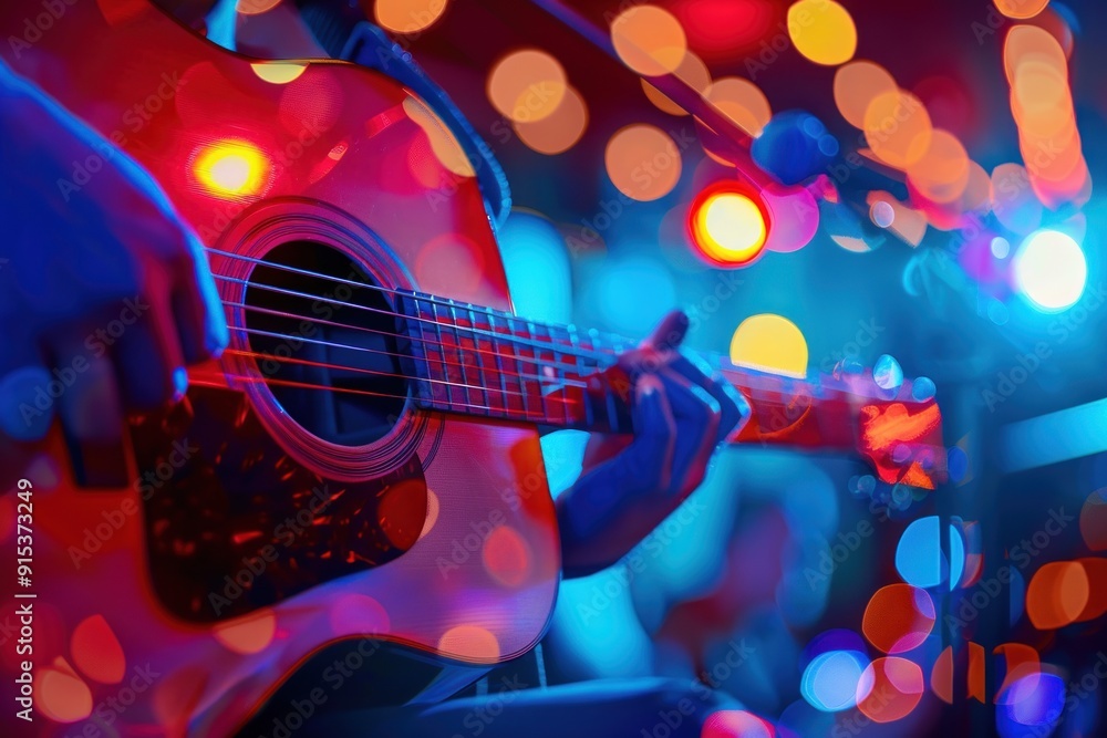 Obraz premium Acoustic Guitar with Blurred Lights.