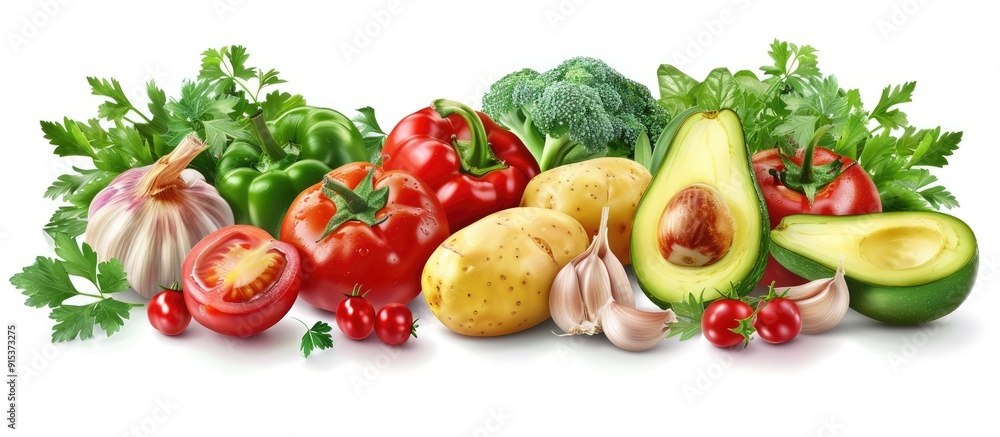 Fresh organic raw vegetables are on a table garlic tomatoes green parsley potatoes yellow sweet pepper avocado and green onions. with copy space image. Place for adding text or design Fresh organic raw vegetables are on a table garlic tomatoes green parsley potatoes yellow sweet pepper avocado and green onions. with copy space image. Place for adding text or design
