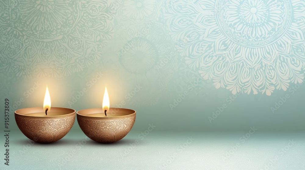 Two lit oil lamps adorn a beautiful mandala pattern on a blue-green gradient backdrop, creating a vibrant Diwali celebration atmosphere with bokeh lights Two lit oil lamps adorn a beautiful mandala pattern on a blue-green gradient backdrop, creating a vibrant Diwali celebration atmosphere with bokeh lights