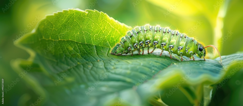 A silkworm consuming a mulberry leaf. with copy space image. Place for adding text or design A silkworm consuming a mulberry leaf. with copy space image. Place for adding text or design