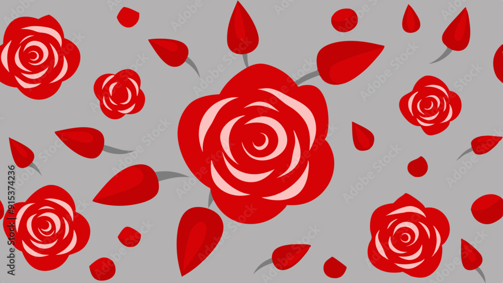 Abstract Red Roses and Petals on Gray Background Abstract Red Roses and Petals on Gray Background