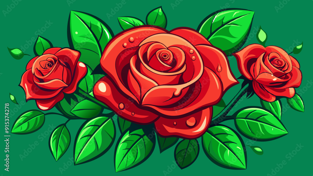 Three Red Roses with Green Leaves on Bright Green Background Three Red Roses with Green Leaves on Bright Green Background