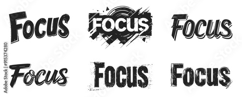 Focus text styles vector lettering illustration. Set of text designs dynamic and modern typography in black and white.