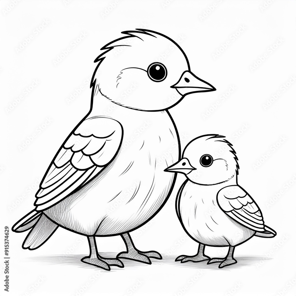 Fototapeta premium black and white digital illustration of bird and baby bird.