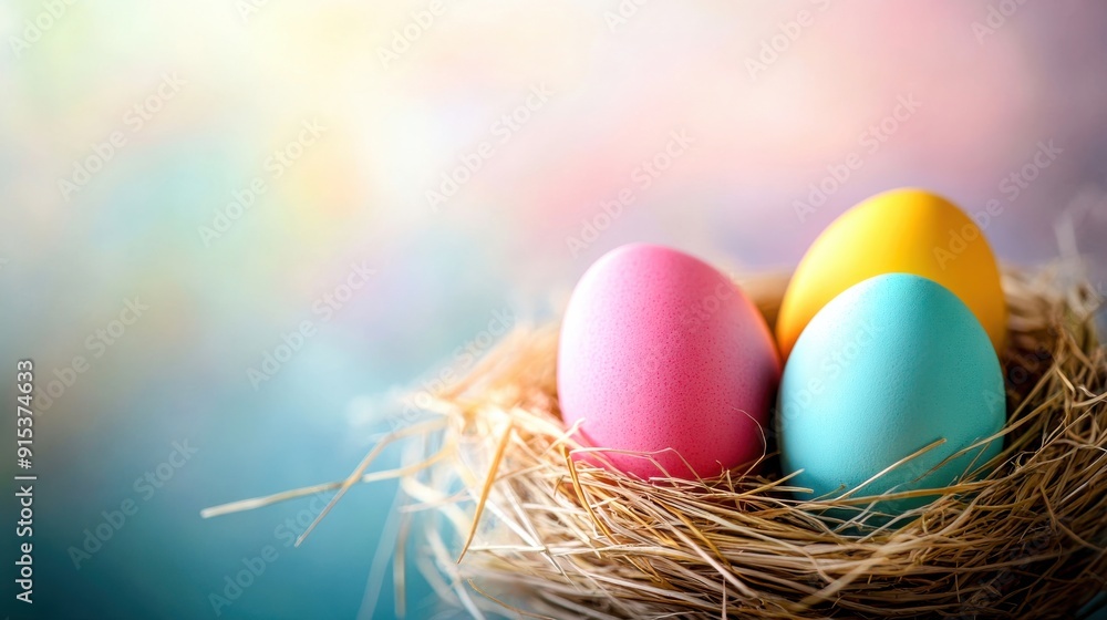 Three beautifully decorated eggs nestled in a straw nest, celebrating the joys of spring and the Easter holiday Three beautifully decorated eggs nestled in a straw nest, celebrating the joys of spring and the Easter holiday