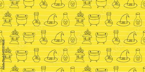 castle. witch. The witch's hat. kettle. terrible. holiday. Halloween. October 31st. vector. seamless pattern. the pattern. seamless. pattern. bat. scary stories. lines. ghost. A terrible holiday. spid photo