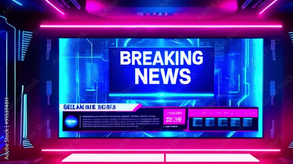 Futuristic news studio with glowing screens and neon lights displaying Futuristic news studio with glowing screens and neon lights displaying