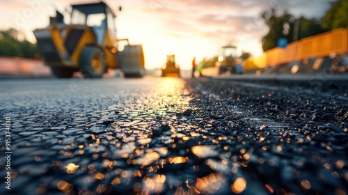 Workers lay asphalt on the road while heavy machinery operates in the background, all illuminated by a stunning sunset photo