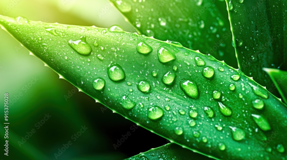Sunlight glimmers on droplets of water resting on lush aloe vera leaves, creating a serene atmosphere in a peaceful garden Sunlight glimmers on droplets of water resting on lush aloe vera leaves, creating a serene atmosphere in a peaceful garden