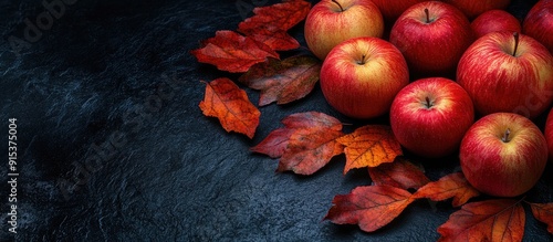 apples and fall leaves on a...