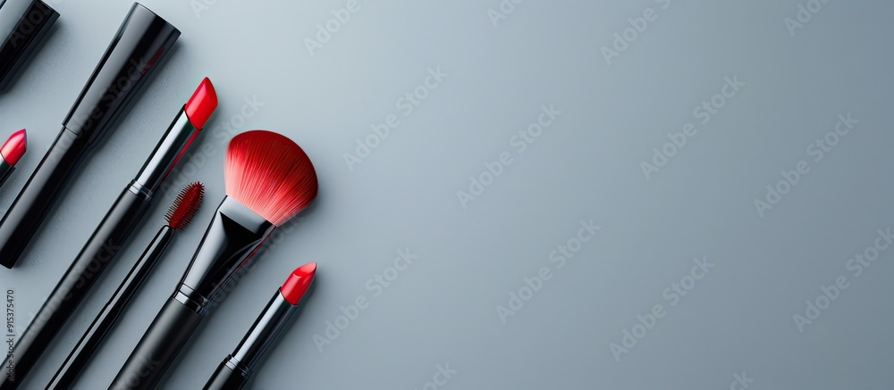 Arrangement of decorative cosmetics on a grey background. with copy space image. Place for adding text or design Arrangement of decorative cosmetics on a grey background. with copy space image. Place for adding text or design