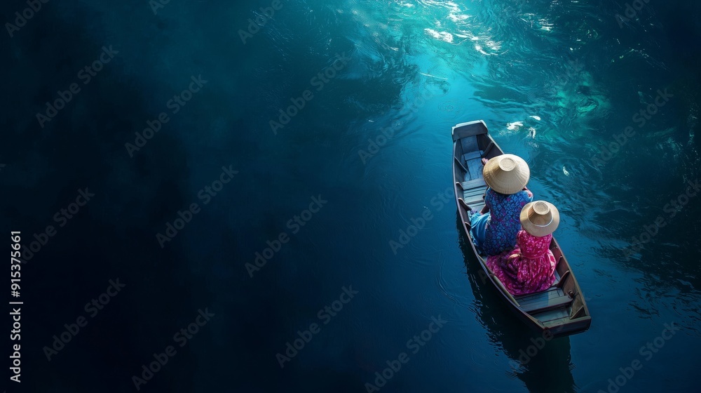 Fototapeta premium A photo of a happy mother and daughter in Thailand playing a traditional khim, isolated on a light golden background