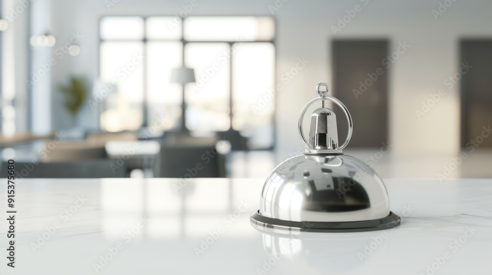 Silver Service Bell on a White Table in a Modern Hotel Lobby Silver Service Bell on a White Table in a Modern Hotel Lobby
