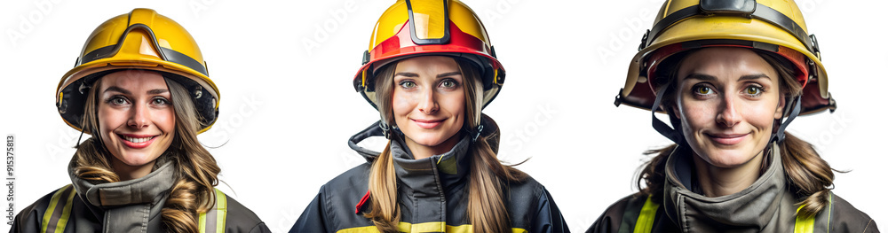 Set of portraits of female firefighters on a transparent background. Concept of hard work of firemen Set of portraits of female firefighters on a transparent background. Concept of hard work of firemen