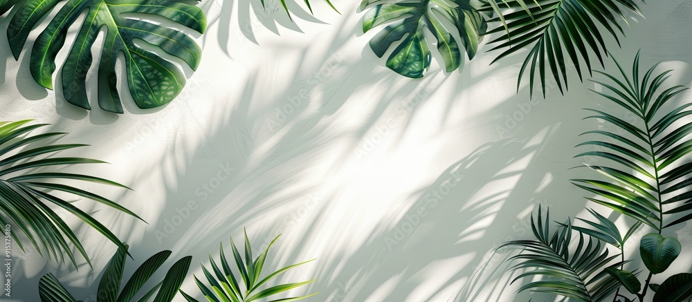 Tropical leaves create a natural shadow overlay on a white textured background suitable for product presentations backdrops and mockups reflecting a summer seasonal concept. with copy space image Tropical leaves create a natural shadow overlay on a white textured background suitable for product presentations backdrops and mockups reflecting a summer seasonal concept. with copy space image