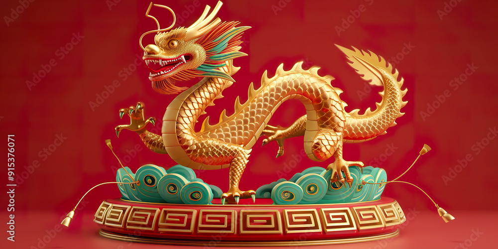 Obraz premium Golden Dragon Sculpture on Red Background with Chinese Design Elements.