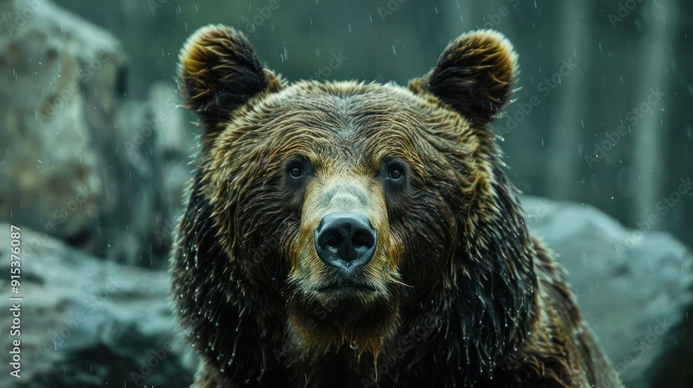 Brown bear with rain falling behind it. Brown bear with rain falling behind it.
