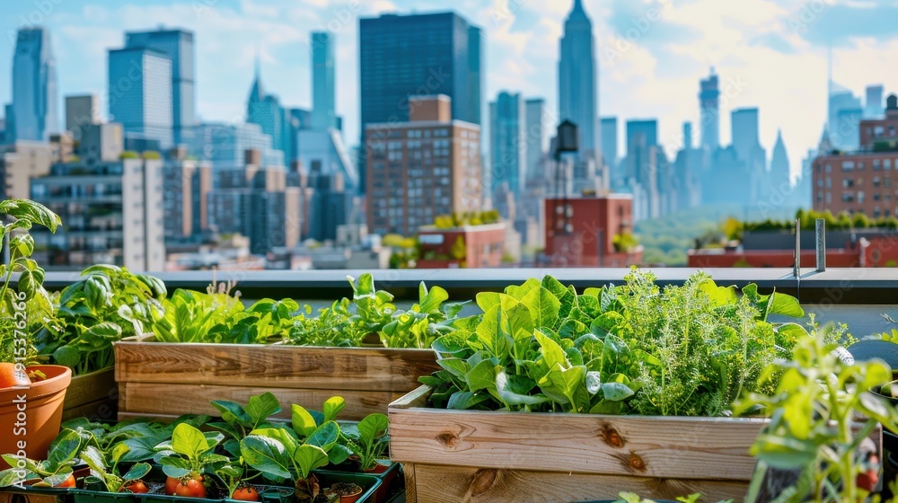 Fresh greens and colorful vegetables thrive in wooden boxes against a backdrop of a sprawling urban skyline under a bright afternoon sun Fresh greens and colorful vegetables thrive in wooden boxes against a backdrop of a sprawling urban skyline under a bright afternoon sun