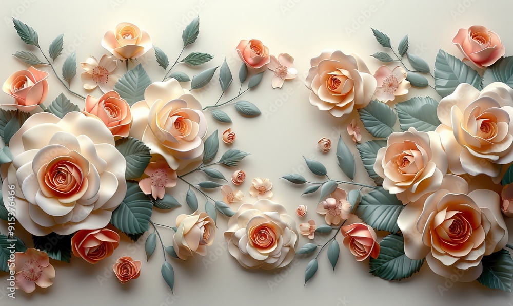 An elegant assortment of 3D abstract roses in Persian Pastel monochrome, designed as a background with a minimalist border and ample copy space An elegant assortment of 3D abstract roses in Persian Pastel monochrome, designed as a background with a minimalist border and ample copy space