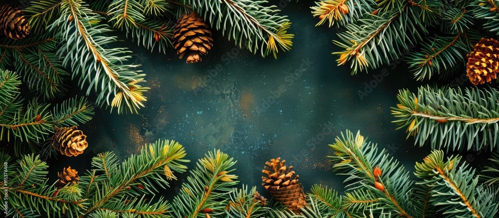 Top view of a fir tree frame set against a colorful background with copy space Merry Christmas theme Top view of a fir tree frame set against a colorful background with copy space Merry Christmas theme