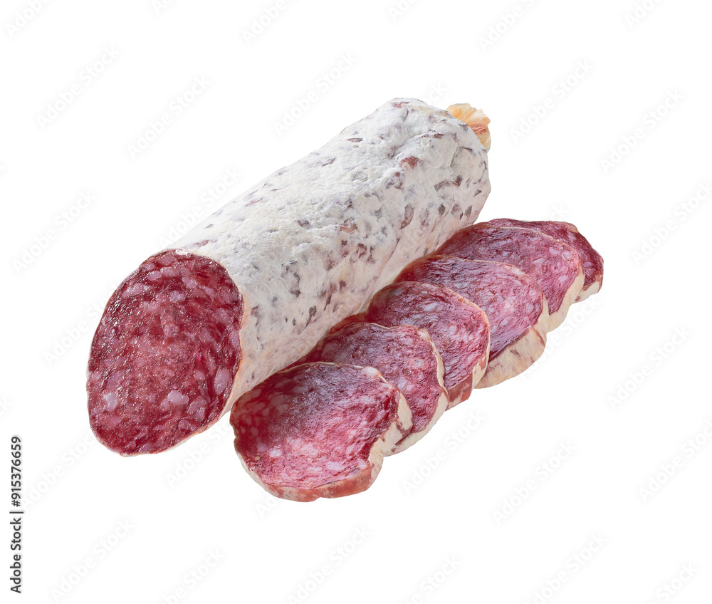 slices of Spanish Fuet thin dried salami sausage isolated on a white background. slices of Spanish Fuet thin dried salami sausage isolated on a white background.