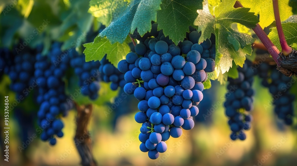 Blue grapevines hanging down in a vineyard, captured in a close-up that emphasizes their rich color and texture. Blue grapevines hanging down in a vineyard, captured in a close-up that emphasizes their rich color and texture.