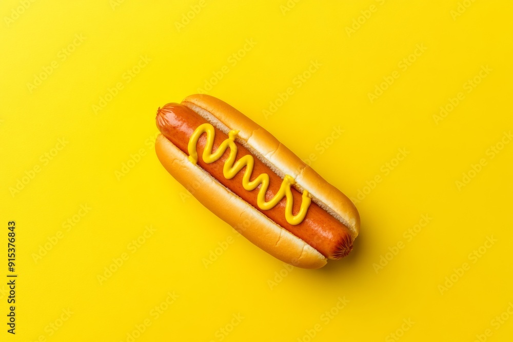Top View of a Flavorful Hot Dog on a Yellow Background with a Bold Splash of Mustard - A Simple yet Eye-Catching Design for Food Enthusiasts,Product display, e-commerce advertising, e-commerce posters Top View of a Flavorful Hot Dog on a Yellow Background with a Bold Splash of Mustard - A Simple yet Eye-Catching Design for Food Enthusiasts,Product display, e-commerce advertising, e-commerce posters