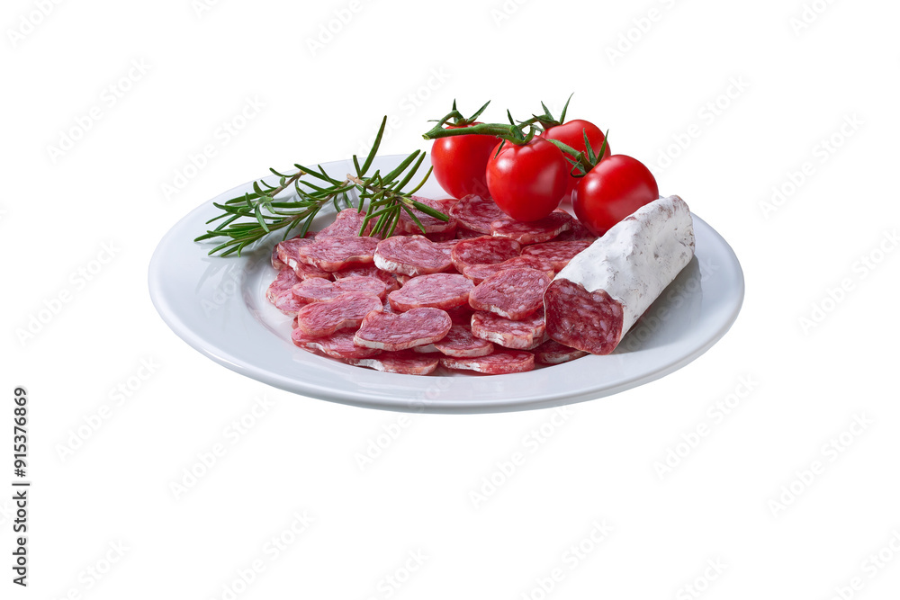 fuet sausage cut in slices on a white plate with peppercorns and fresh rosemary, isolated on a white background. fuet sausage cut in slices on a white plate with peppercorns and fresh rosemary, isolated on a white background.